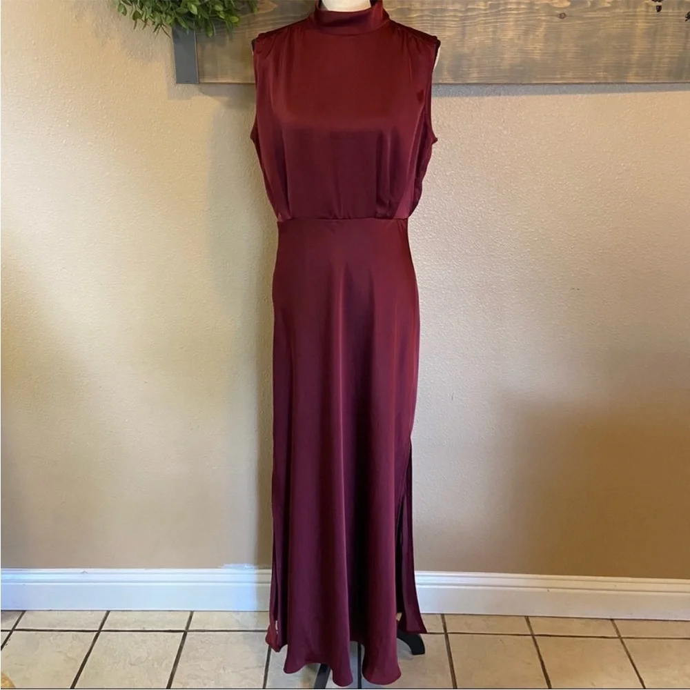 Lulus Classic Elegance Wine Satin Sleeveless Mock Neck Maxi Dress - Picture 12 of 12